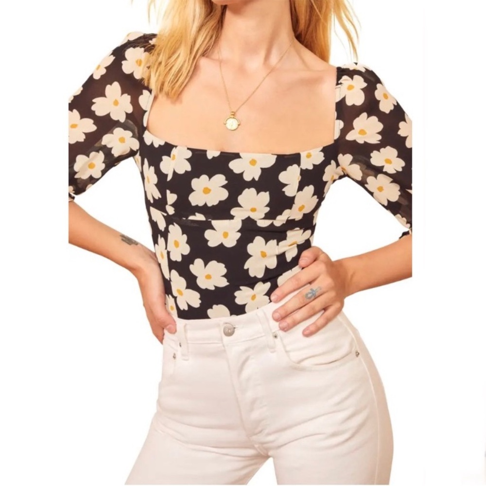 Reformation Georgia square neck Black Floral top